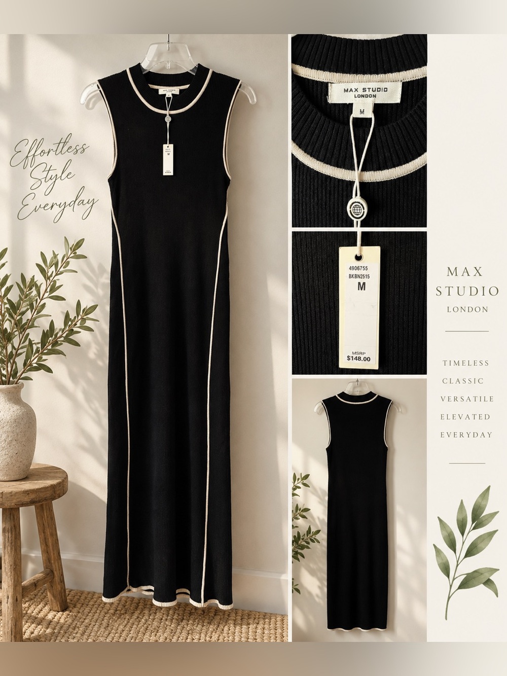 Max Studio London Black Ribbed Midi Dress Contrast Piping Size M NWT